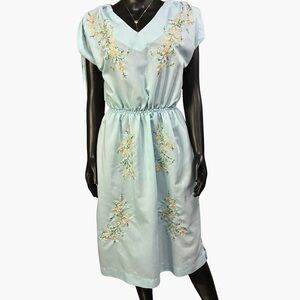Light Blue Embroidered V-Neck Women's Dress